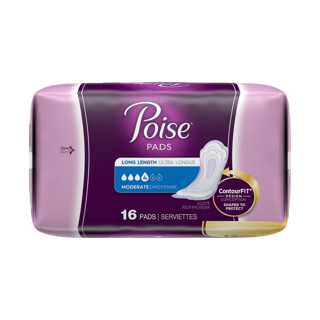 Poise Moderate Absorbency Incontinence Pads, Long, 16 Count (Pack of 6)