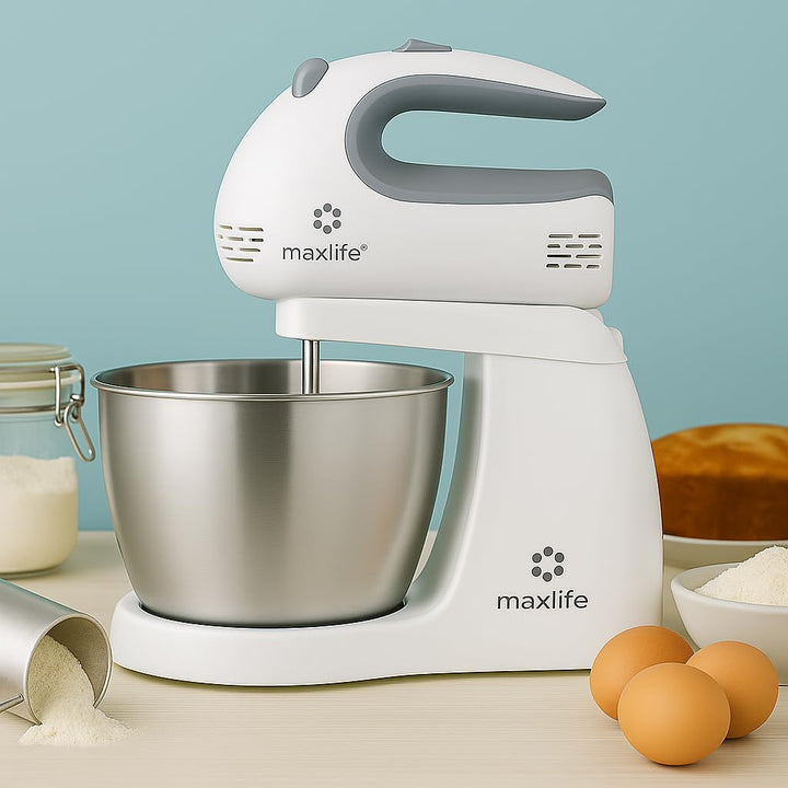Max Life 3.2 Quarts Stand Mixer - 5-Speed Electric Powerful Stand Mixer, White, with Stainless Steel Bowl, Dough Hooks, Beaters,