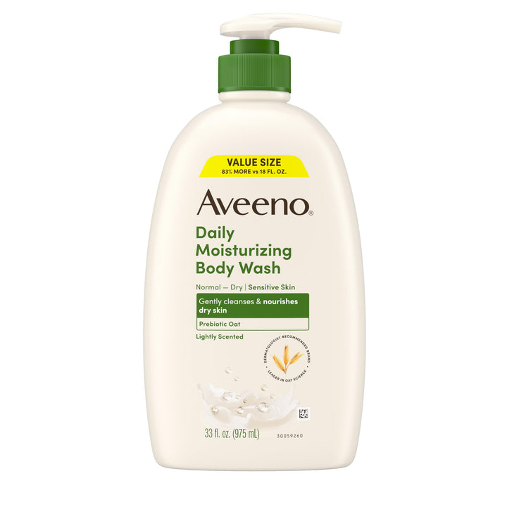 Aveeno Daily Moisturizing Body Wash for Women and Men for Dry & Sensitive Skin, Paraben, Soap & Dye-Free, Gentle Shower Cleanser, Dermatologist Recommended Brand, Lightly Scented, 33 Fl Oz