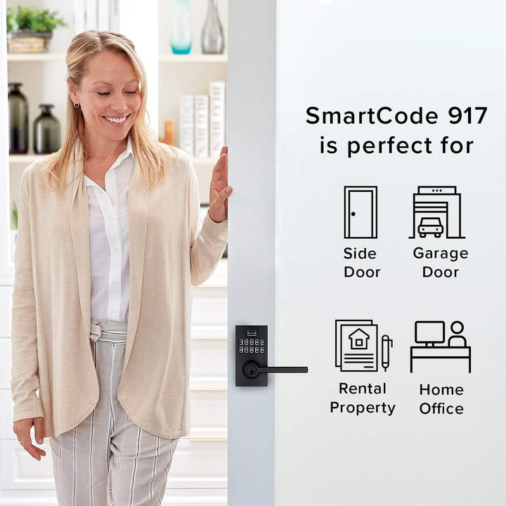 Kwikset SmartCode 917 Keypad Keyless Entry Traditional Residential Electronic Lever Deadbolt Alternative with Tustin Door Handle and SmartKey Security, Satin Nickel Retail $129.00