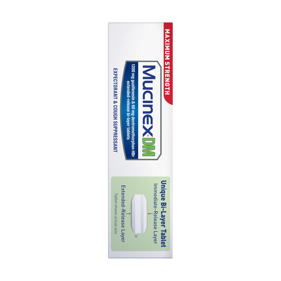 Mucinex DM 12Hr Maximum Strength Chest Congestion & Cough Medicine for Adults, Cold and Cough Medicine for Excess Mucus Relief, 1200 mg Guaifenesin & 60 mg Dextromethorphan HBr, 48 Bi-Layer Tablets