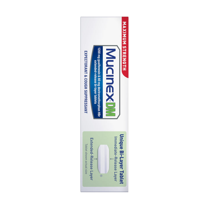 Mucinex DM 12Hr Maximum Strength Chest Congestion & Cough Medicine for Adults, Cold and Cough Medicine for Excess Mucus Relief, 1200 mg Guaifenesin & 60 mg Dextromethorphan HBr, 48 Bi-Layer Tablets