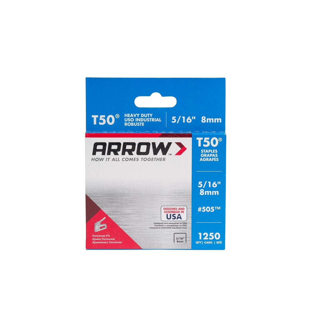 Arrow 505 Heavy Duty T50 5/16-Inch Leg Length, 3/8-Inch Crown, Staples for Upholstery, Construction, Furniture, Crafts, 1250-Pack, Grey