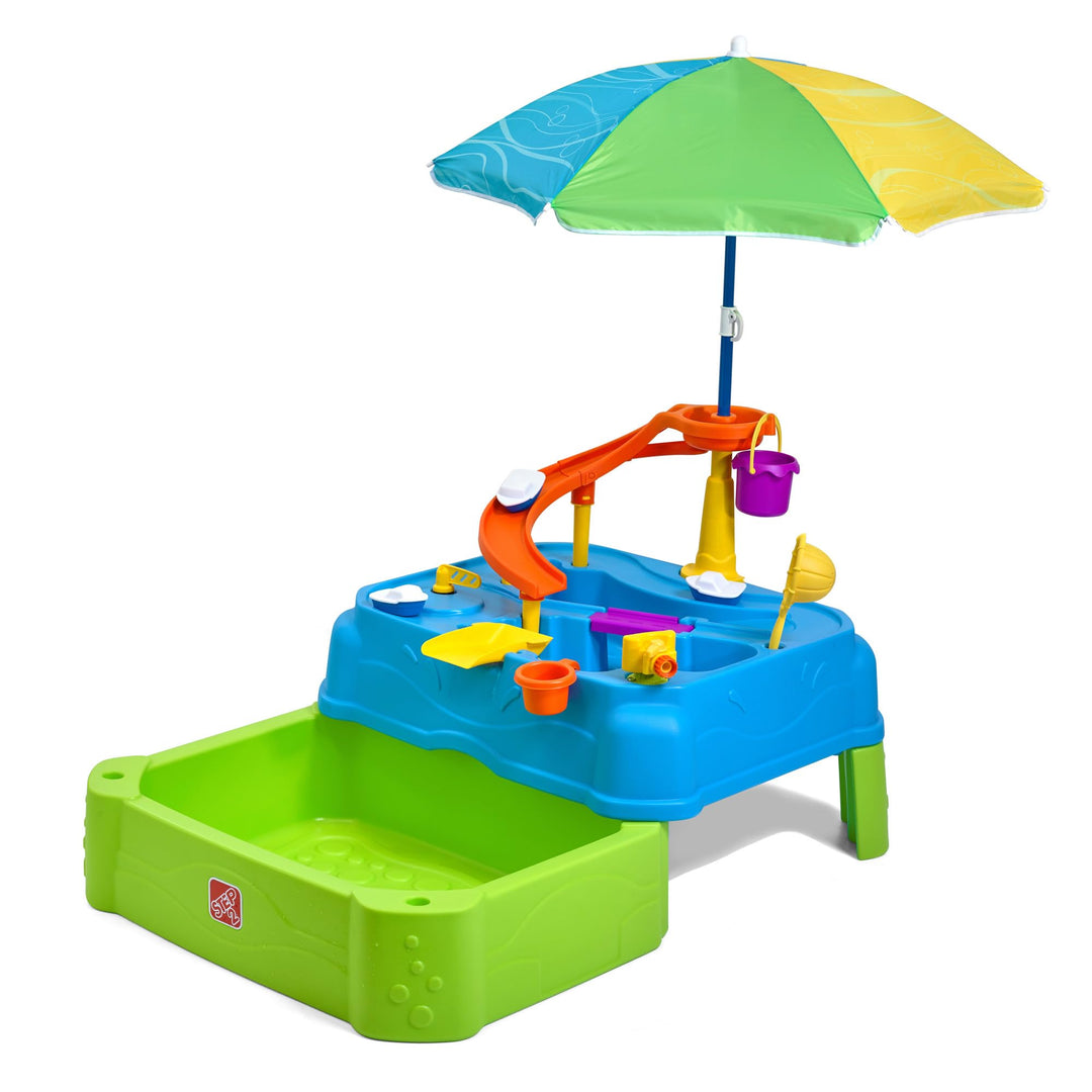 Step2 Waterpark Wonders Two Tier Water Table, Kids Water Activity Sensory Playset with Umbrella, Garden Hose Sprinkler Attachment, 11 Piece Accessories, Outdoor Summer Toy, Ages 18 Months+, Blue Retail $124.99