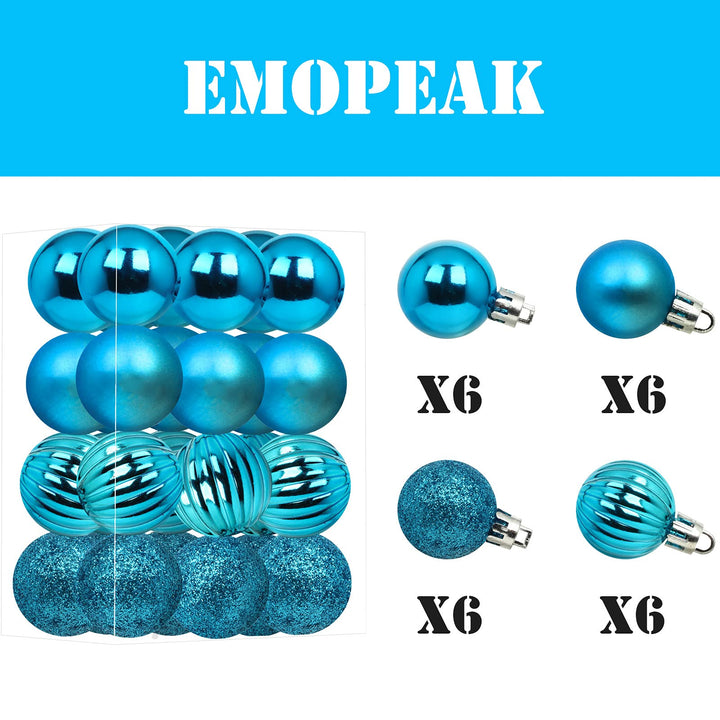 Emopeak 24Pcs Christmas Balls Ornaments for Xmas Christmas Tree - 4 Style Shatterproof Christmas Tree Decorations Hanging Ball for Holiday Wedding Party Decoration (Lake Blue, 1.3"/3.2CM)