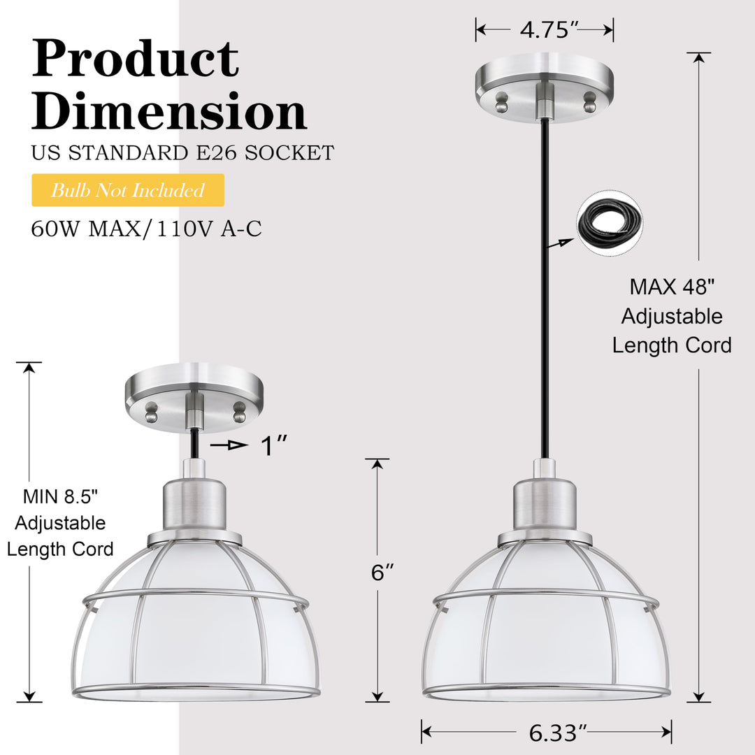 Industrial Hanging Drum Indoor Pendant Ceiling Light Kitchen Island Fixtures Brushed Nickel Finish,Metal Shade for Bar Dining Room Corridor Living Room (3 Pack, Frosted Glass)