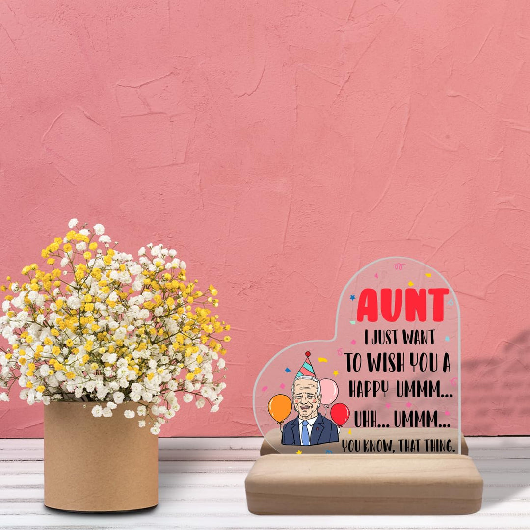 Aunt Gifts for Birthday Unique Gift Ideas for Auntie Birthday Party Balloon Heart Shaped Acrylic Sign Plaque with Wood Stand for Home Office Bedroom Living Room Desk Table