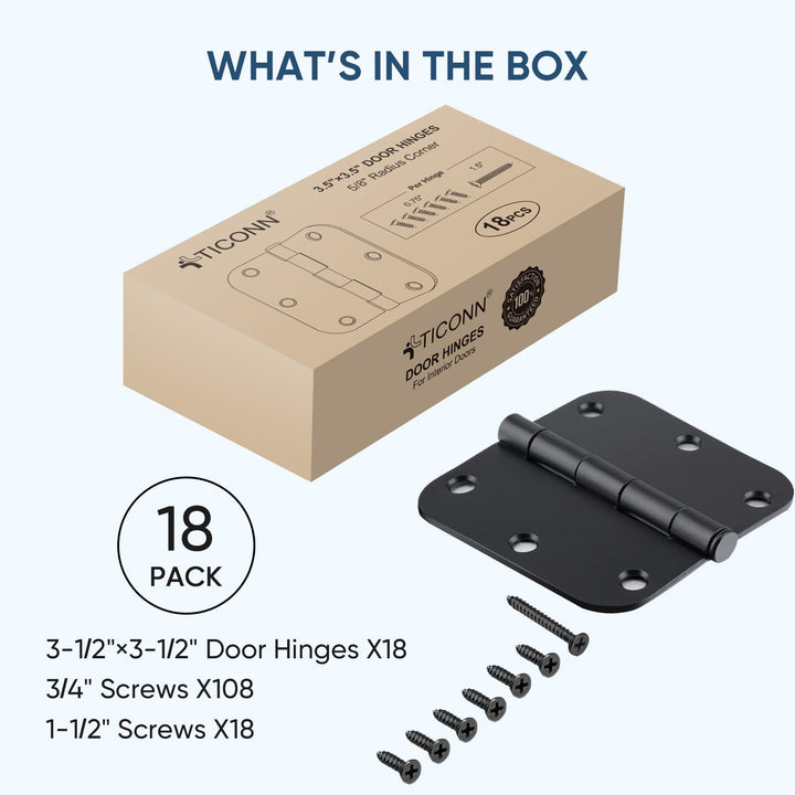 TICONN 18-Pack 3.5 Inch Door Hinges with Removable Pin, 3-1/2 x 3-1/2 Inch Iron Bifold Residential Doors Hardware (Square Corner, Polished Brass, 18 Pack)