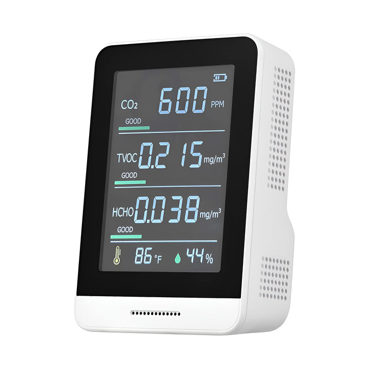 Lepmerk 5 in 1 Air Quality Monitor Measures CO2/TVOC/HCHO/Temperature and Humidity, Infrared Indoor Air Quality Tester with Alarm and Lanyard for Home, Office, Car Use