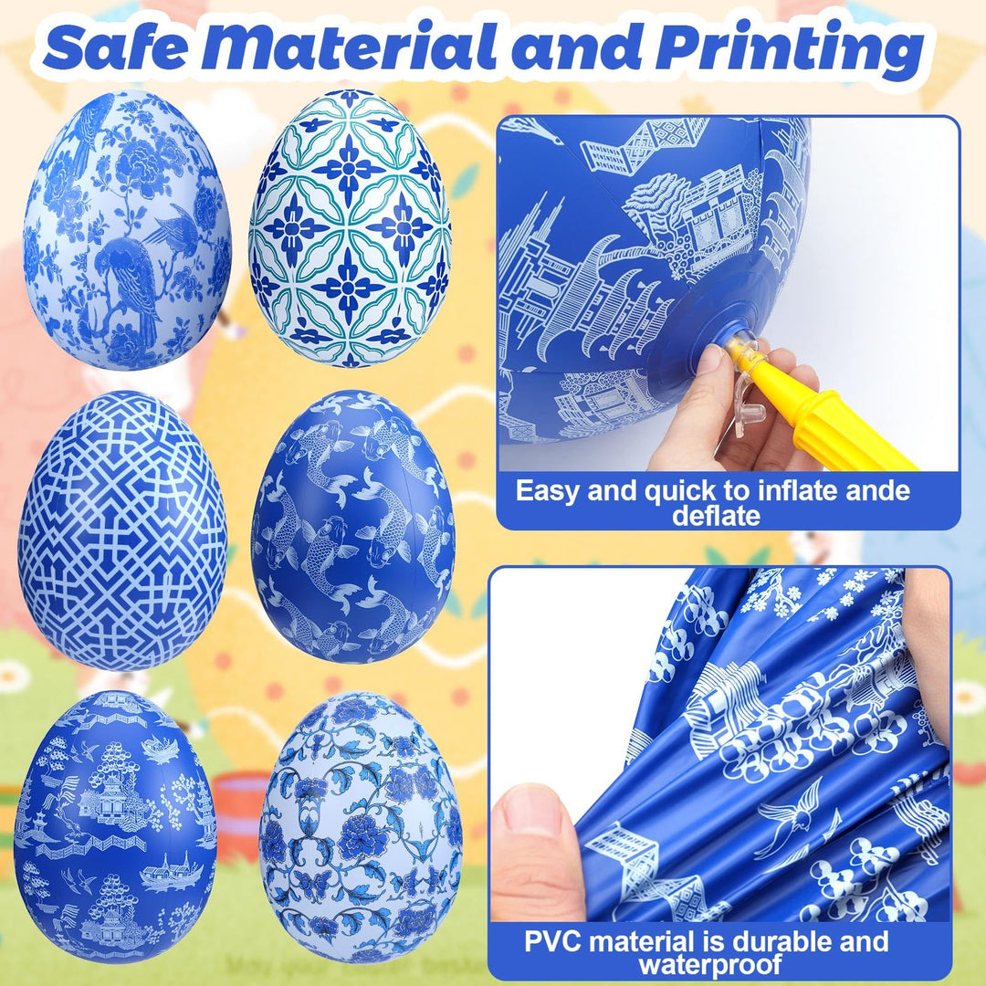 Lunmon 12 Pcs 16'' 24'' Inflatable Easter Eggs Decorations Chinoiserie Easter Inflatables Outdoor Decor Large PVC Blue White Inflatables Easter Eggs Hanging Ornaments for Yard, Lawn, Garden(16", 24")