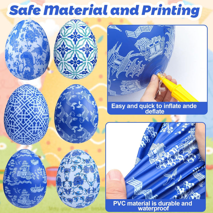 Lunmon 12 Pcs 16'' 24'' Inflatable Easter Eggs Decorations Chinoiserie Easter Inflatables Outdoor Decor Large PVC Blue White Inflatables Easter Eggs Hanging Ornaments for Yard, Lawn, Garden(16", 24")