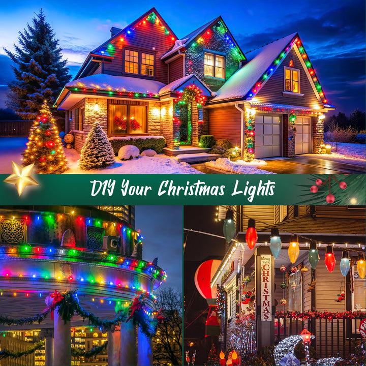 C9 Light Strand, 100 FT Outdoor String Lights Christmas Stringer with 100 Sockets for Christmas Decor Patio, E17 Light Socket, 12 Spacing, Black Wire