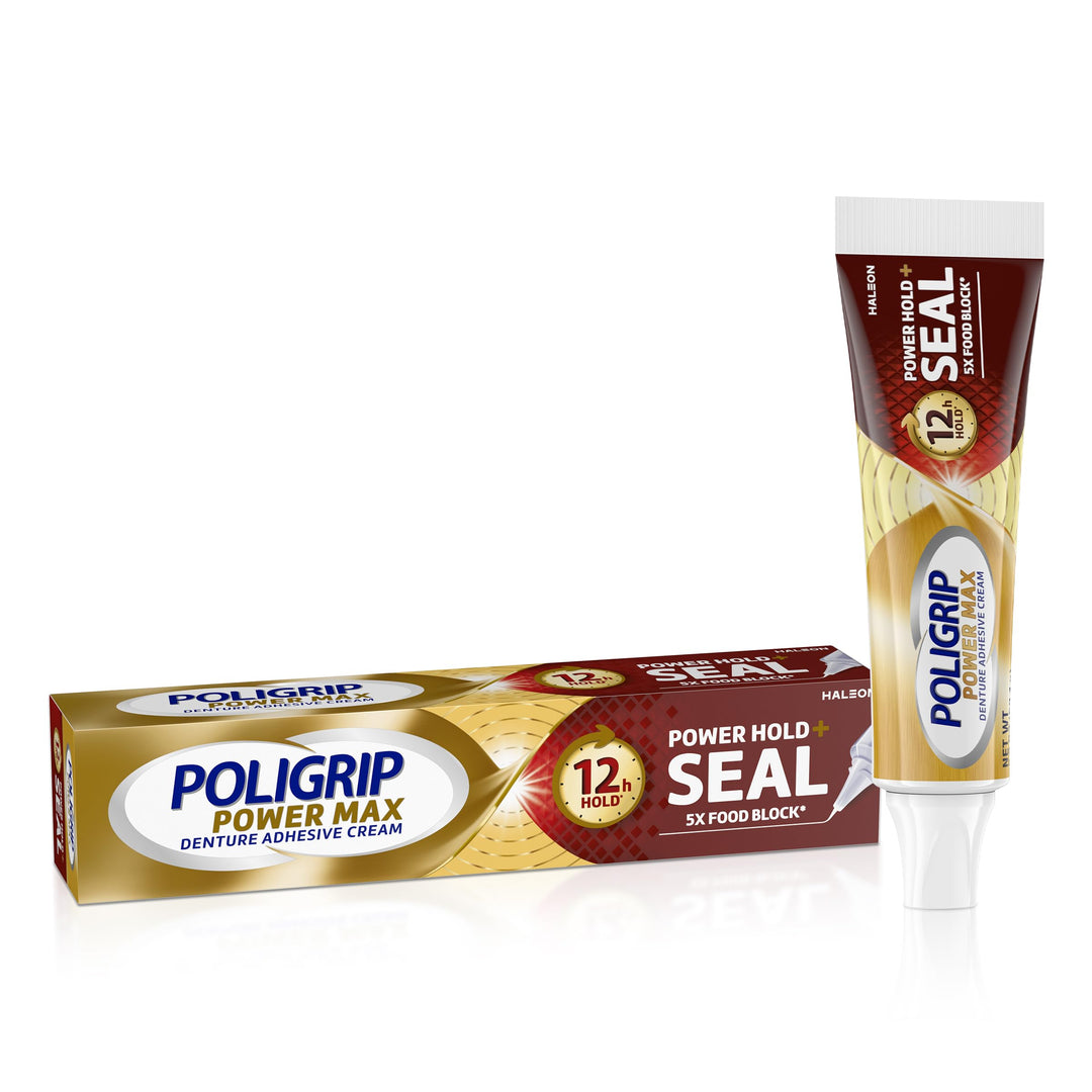 Poligrip Power Max Power Hold plus Seal Denture Adhesive Cream, Denture Cream for Secure Hold and Food Seal, Flavor Free - 2.2 oz