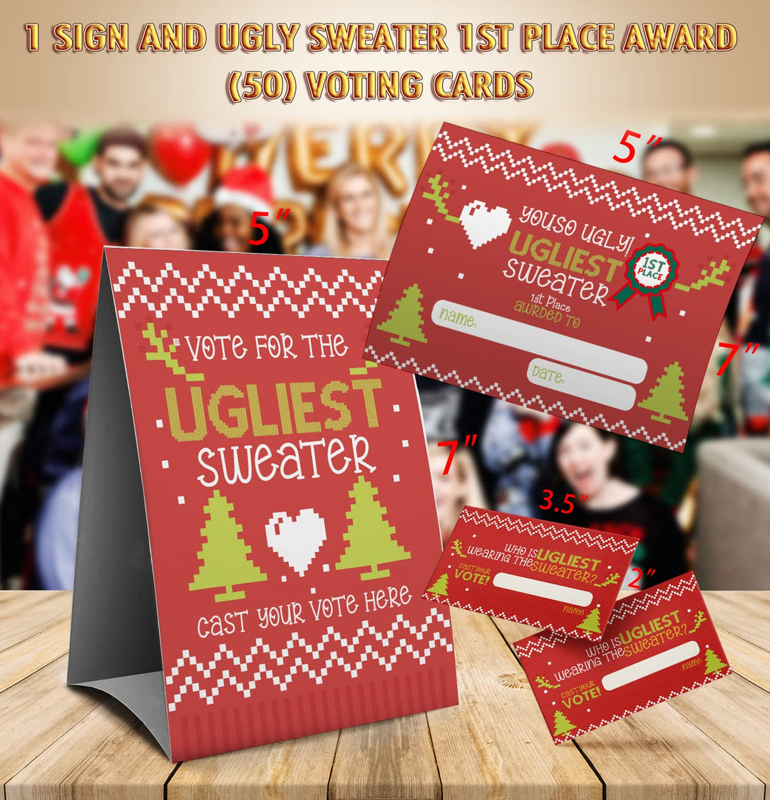 Ugly Christmas sweater voting suit, Ugly Sweater Party Christmas Party, Tacky Christmas Party-1 Sign,1Awards and 50 Guessing Cards(41C)