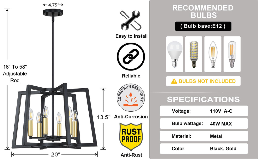 Dolaimi House Lantern Cage Farmhouse Kitchen Island Pendant Light Fixture,Rustic Black Metal Modern Industrial Gold Finish for Dining Room Bedroom Foyer Entry Porch Over Sink (E12 Base, 6 Light)