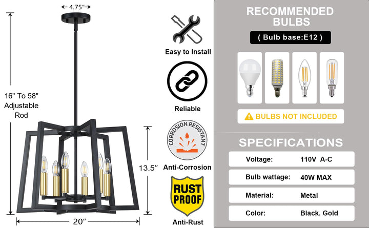 Dolaimi House Lantern Cage Farmhouse Kitchen Island Pendant Light Fixture,Rustic Black Metal Modern Industrial Gold Finish for Dining Room Bedroom Foyer Entry Porch Over Sink (E12 Base, 6 Light)