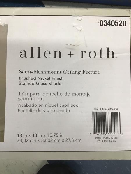 allen + roth Semi-Flushmount Ceiling Fixture, Brushed Nickel Finish, Stained Glass Shade Retail $90.00