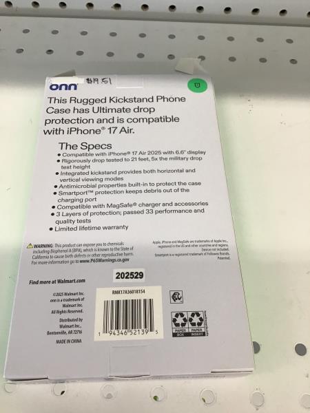 onn. 17 Air, 2025 iPhone Case - Rugged, Kickstand, MagSafe Compatible Retail $20.00
