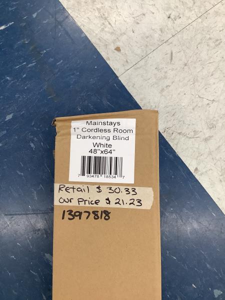 Mainstays 1  Cordless Room Darkening Vinyl Blinds  White  48 W X 64 L Retail $30.33