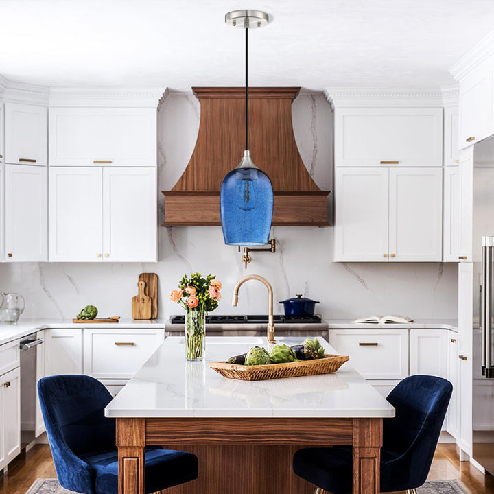 3 Pack 1 Light Hanging Indoor Kitchen Island Pendant Lights 5.1" Hand Blown Black Seeded Ancient Blue Glass Ceiling Light Fixtures Brushed Nickel Finish Modern Farmhouse Dinning Over Sink