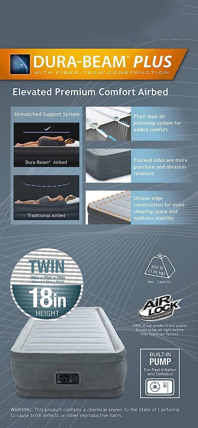 Intex 20  Twin Dura-Beam Deluxe Raised Air Bed Mattress with Built-in Pump Retail $49.88