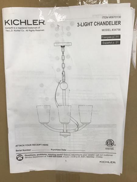 Kichler 3-Light Chandelier, Model 34756 Retail $150.00