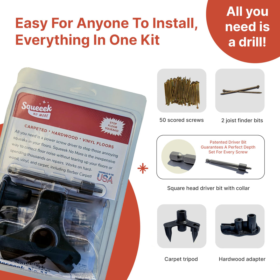 SQUEEEK NO MORE Squeaky Floor Repair Kit for Hardwood, Carpet, Vinyl & Linoleum â€“ Complete Floor Squeak Repair Kit Includes Joist Finder Drill Bits, Tripod Fixture and 50 Counter-snap Screws