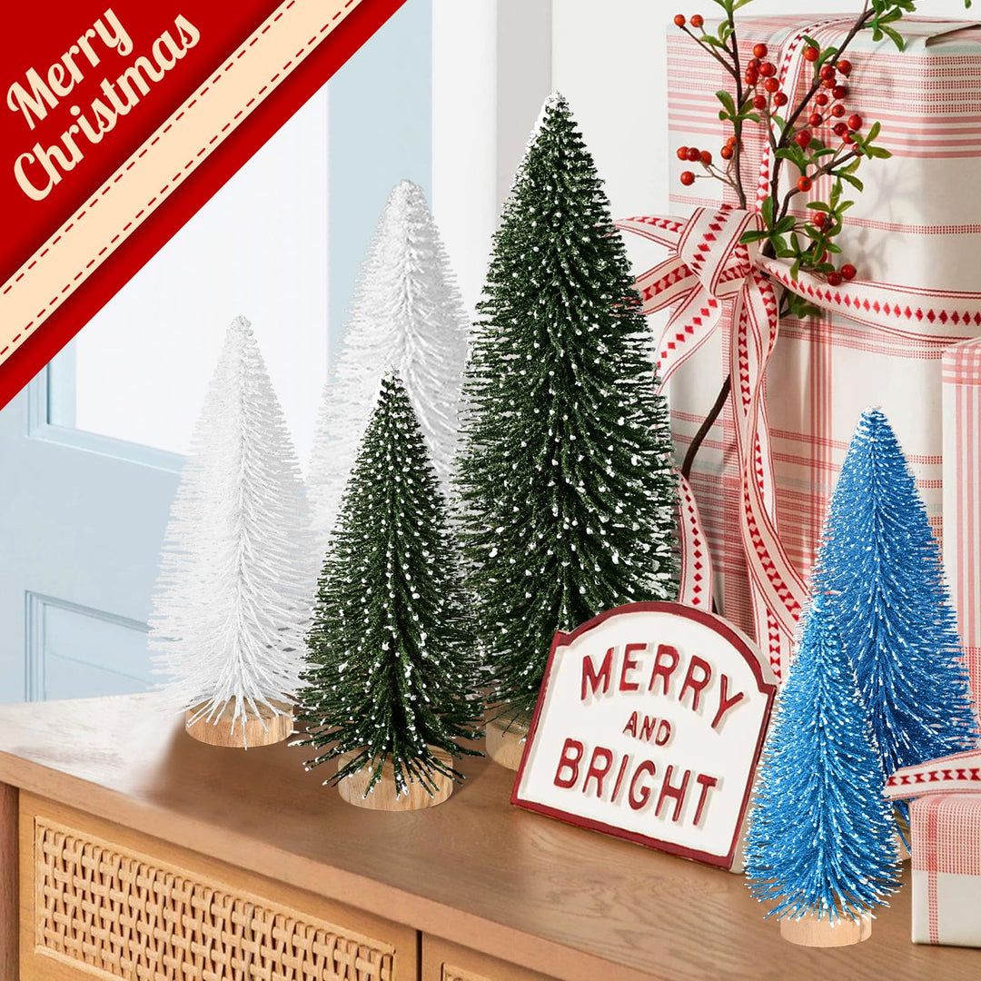 6pcs Mini Christmas Trees Christmas Decor, Artificial Christmas Mini Bottle Brush Trees Tabletop, Christmas Decoration Trees with 4 Size Xmas Holiday Decor (6pcs Green+Blue+White)