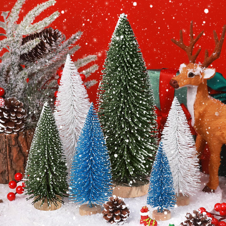 6pcs Mini Christmas Trees Christmas Decor, Artificial Christmas Mini Bottle Brush Trees Tabletop, Christmas Decoration Trees with 4 Size Xmas Holiday Decor (6pcs Green+Blue+White)