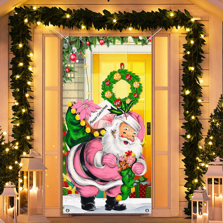 Chinthie Merry Christmas Decorations Pink Santa Claus Door Cover Backdrop Funny Xmas Hanging Banner Christmas Eve Porch Sign Photo Booth Prop for Year Indoor Outside Front Door Party Supplies