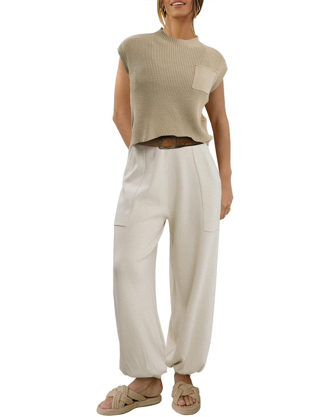 NANYUAYA Two Piece Outfits Sweater Sets for Women Lounge Sets Knit Pullover Tops and High Waisted Pants Fashion Loungewear(Khaki,S)