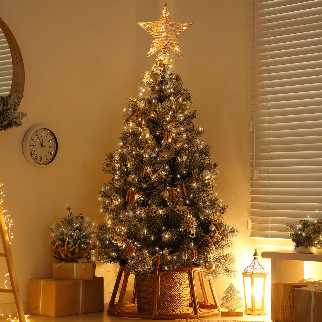 Christmas Star Tree Topper, Plug in 12" 3D Tree Star Topper, Rustic Rattan Natural Built-in 10-Bulb String Lights for Vintage Classic Christmas Decorations New Year Holiday Home Office Indoor