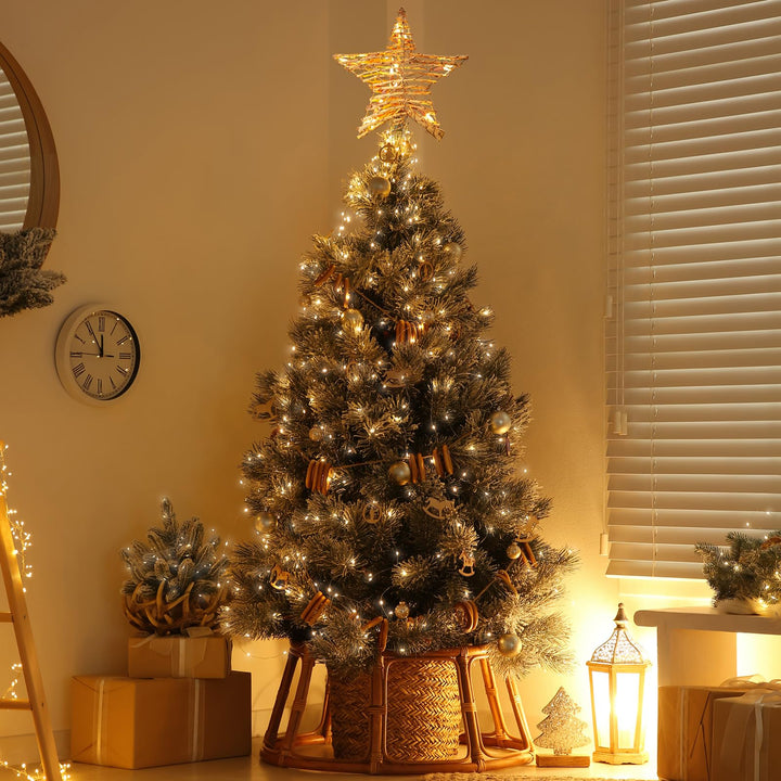 Christmas Star Tree Topper, Plug in 12" 3D Tree Star Topper, Rustic Rattan Natural Built-in 10-Bulb String Lights for Vintage Classic Christmas Decorations New Year Holiday Home Office Indoor