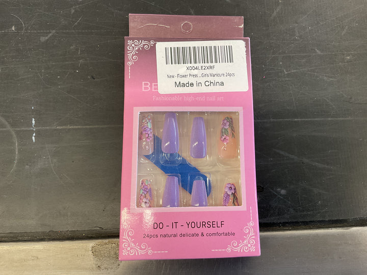 Purple Floral Press On Nails Almond Medium Long