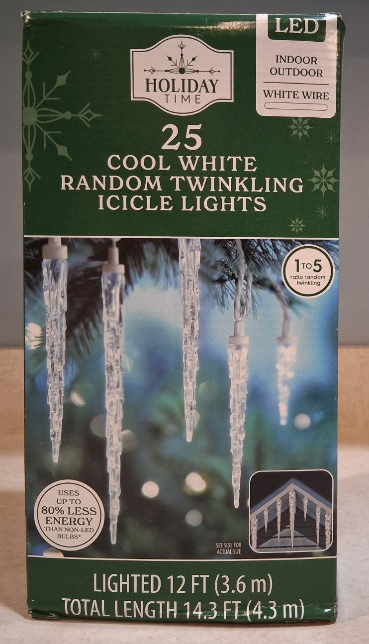 25 COOL WHITE Random Twinkling ICICLE LIGHTS Christmas Holiday Winter 12' NEW! Retail $9.00