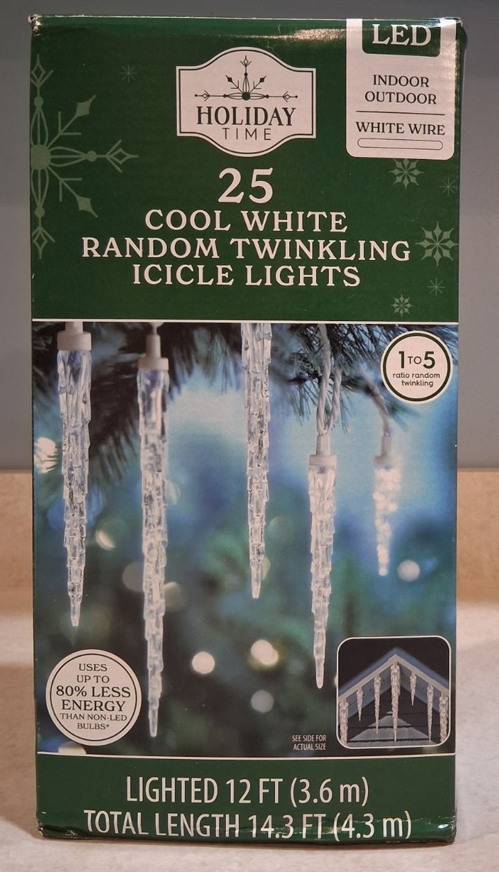 25 COOL WHITE Random Twinkling ICICLE LIGHTS Christmas Holiday Winter 12' NEW! Retail $9.00