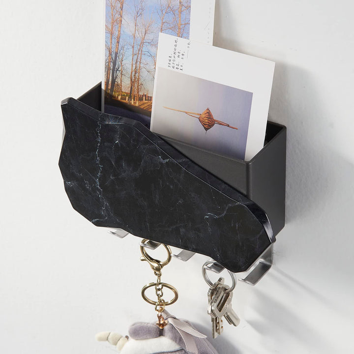 Free Angel Key Holder Wall Mounted Key Rack with Storage Box- 5 Hooks,Black Marble Pattern Box for Entryway,Bedroom,Keys