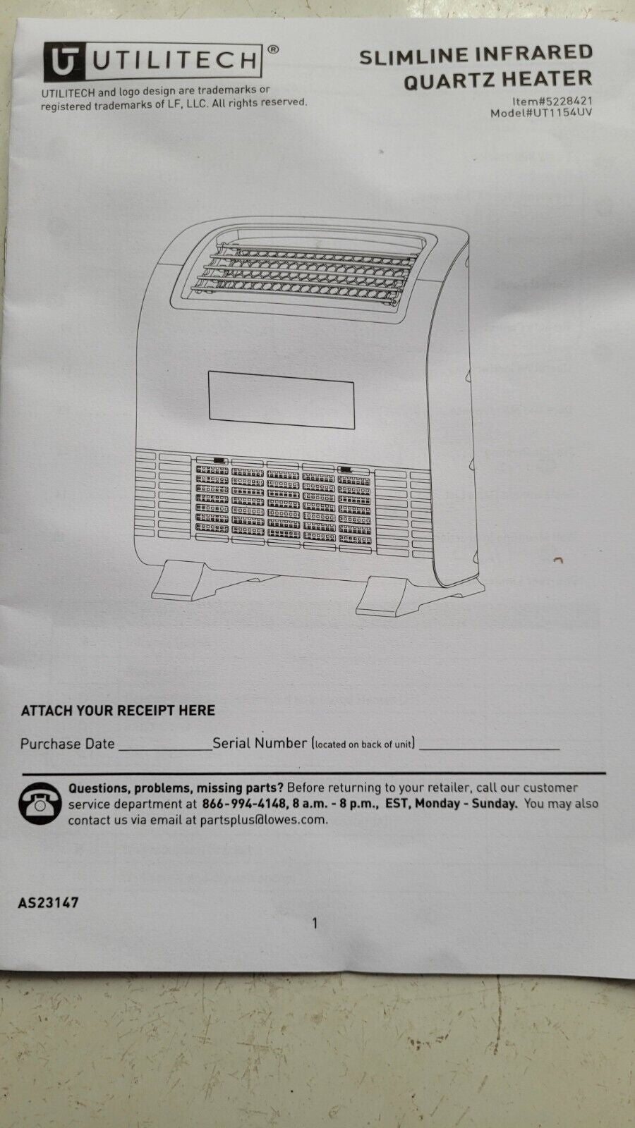Utilitech Infrared Quartz Heater New Open Box #496-9025 Remote Manual Included
