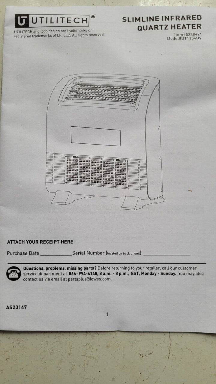 Utilitech Infrared Quartz Heater New Open Box #496-9025 Remote Manual Included