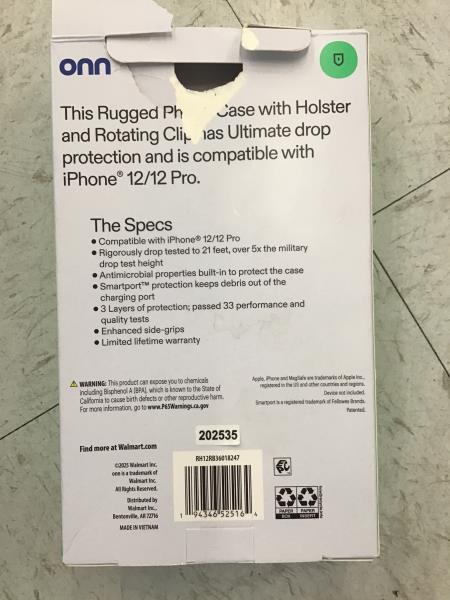 onn. Rugged Phone Case, 12/12 Pro, Holster, Rotating Clip, Ultimate Protection Retail $15.00