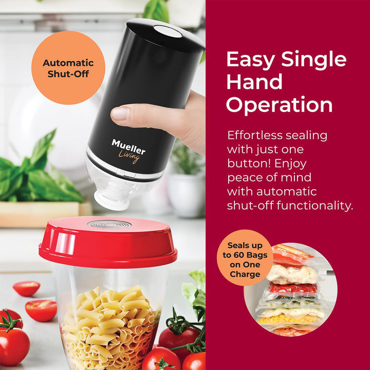 MuellerLiving Cordless Portable Food Vacuum Sealer Seals up to 60 bags, Automatic Shut Off and includes 4 Starter Bags