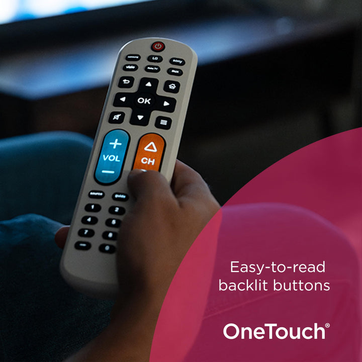 GE BigEZ OneTouch Big Button Universal TV Remote for Seniors, Easy to Use, Replacement Remote for Samsung, LG, Sony, Vizio, Roku TV, Streaming Players, Backlit Buttons, 2 Device, White, 84666