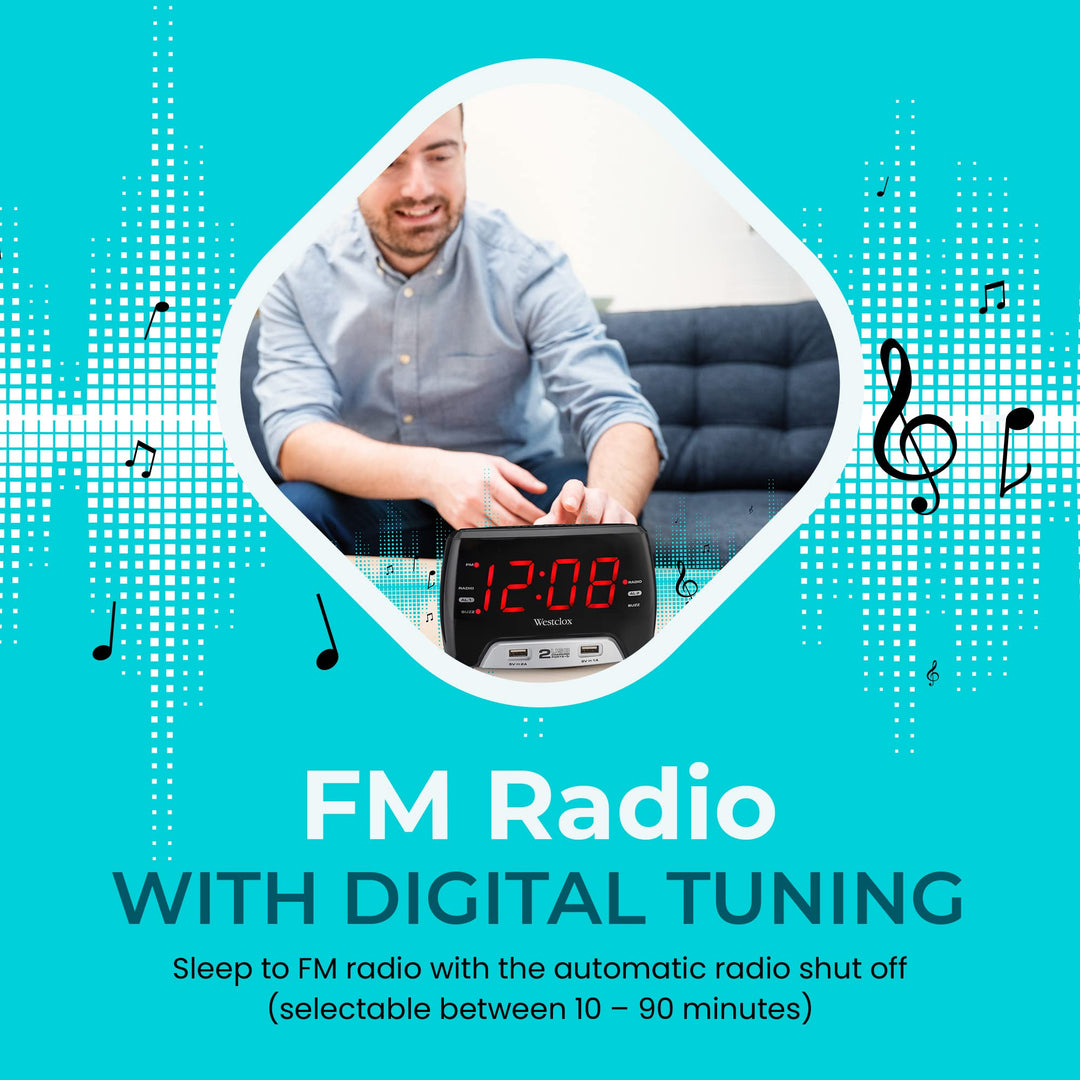 Westclox Large 1.4â€ Red LED Digital FM Clock Radio with Dual USB A & C Charging Ports, Adjustable Brightness, Dual Alarms & Sleep Timer â€“ Modern Alarm Clock for Bedroom, Home, or Office (Black)