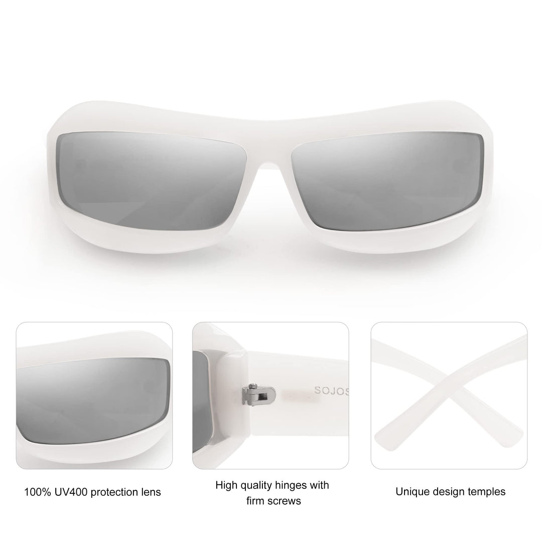 SOJOS Wrap Around Futuristic Sunglasses for Women Men Shield Flat Top Sunglasses Sun Glasses SJ2268 White Frame Silver Lens