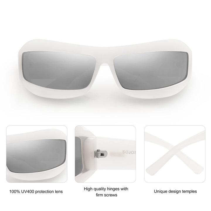SOJOS Wrap Around Futuristic Sunglasses for Women Men Shield Flat Top Sunglasses Sun Glasses SJ2268 White Frame Silver Lens