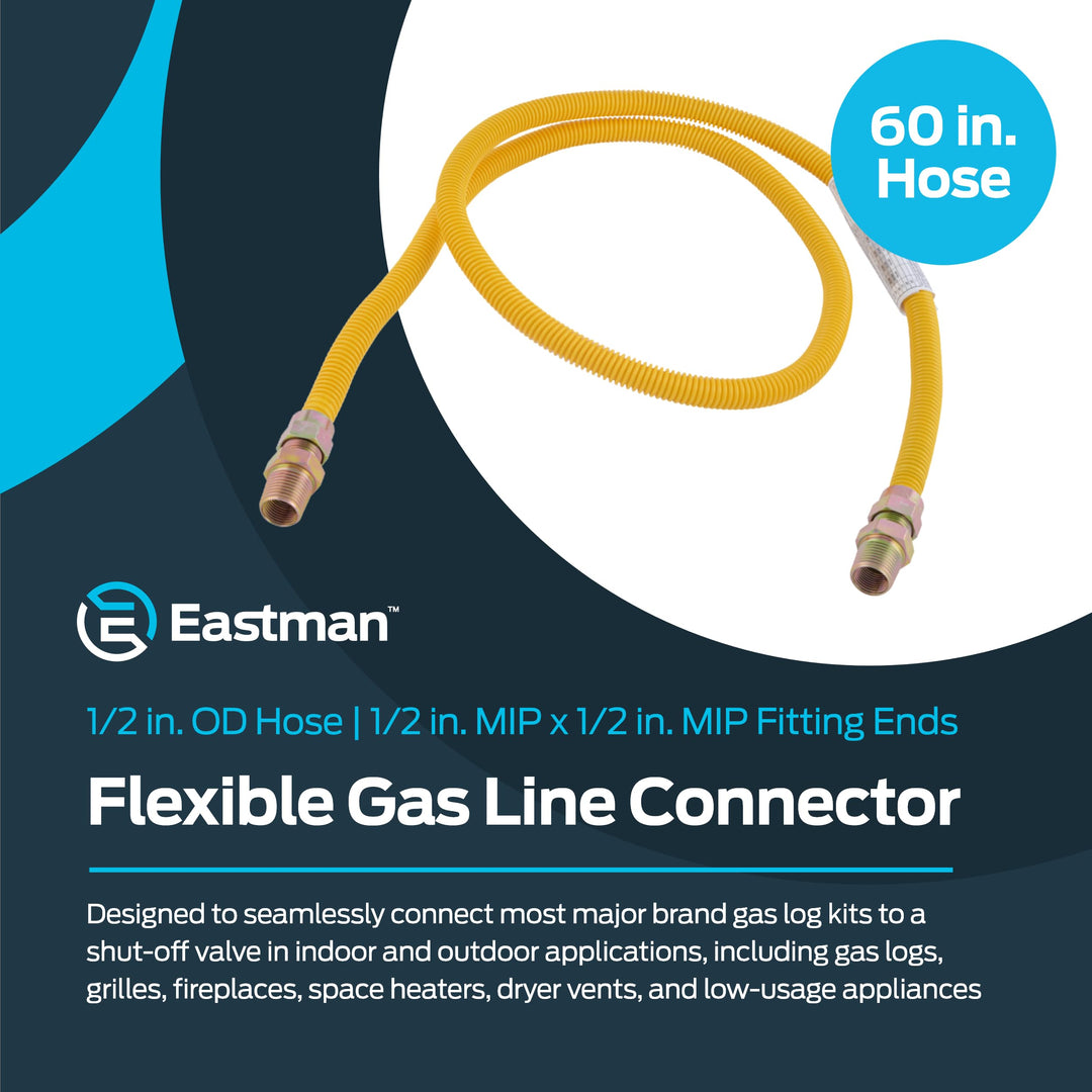 Eastman 60 Inch x 1/2 Inch OD Flexible Gas Line Connector with (2) 1/2 Inch MIP Fitting Ends for Natural Gas and Liquid Propane, Stainless Steel, Yellow, 20YE505060B
