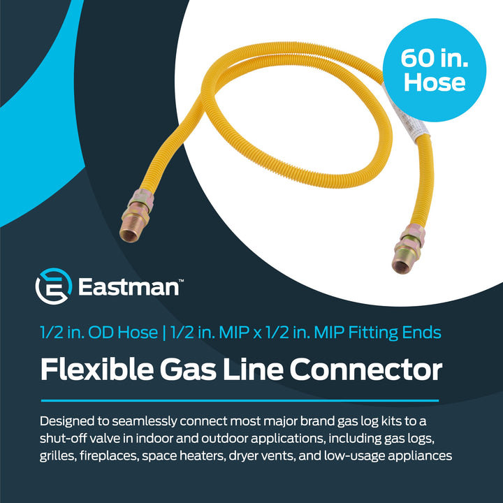 Eastman 60 Inch x 1/2 Inch OD Flexible Gas Line Connector with (2) 1/2 Inch MIP Fitting Ends for Natural Gas and Liquid Propane, Stainless Steel, Yellow, 20YE505060B