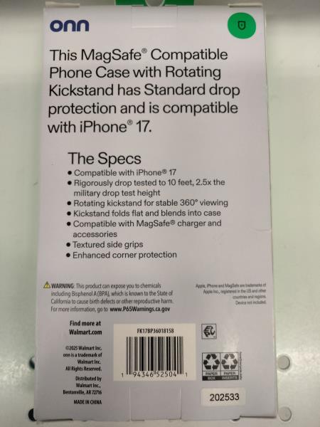 onn. MagSafe Compatible iPhone 17 Phone Case - Rotating Kickstand, Pink Retail $15.00