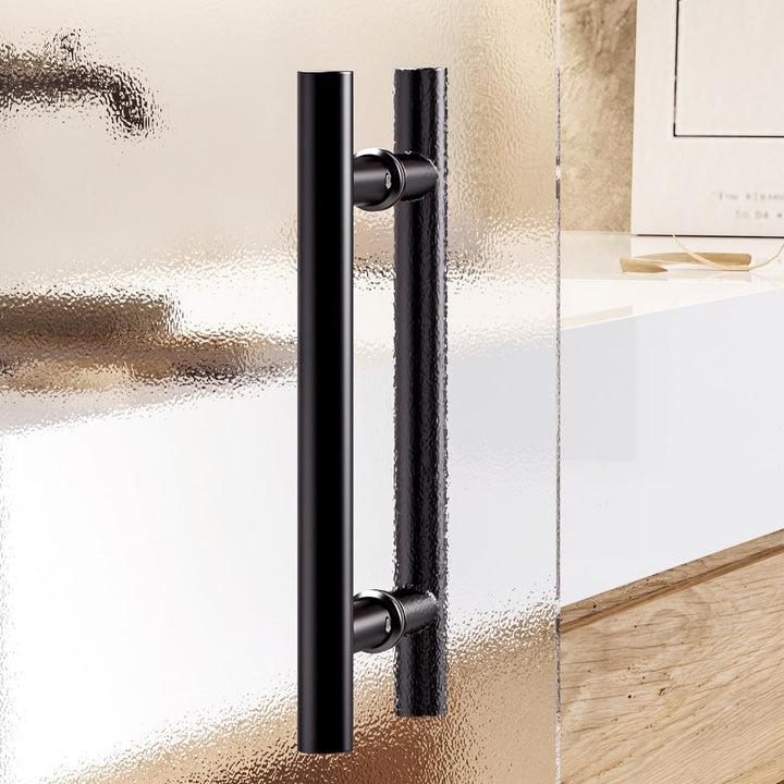 12" Round Black Push Pull Door Handle,Double Sided H Shape Sliding Door Handle,Matte Black,Stainless Steel,Fit for Glass Door Wooden Door 2 Pack