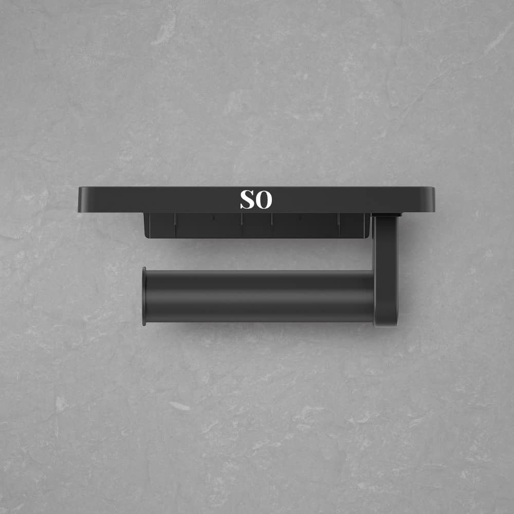 Step One Toilet Paper Holder with Shelf - Modern, Sleek Design - Phone/Accessories Holding Shelf - Matte Black - Adhesive Wall-Mount - Sturdy Easy Fixture, 1 min Installation, No Screws,